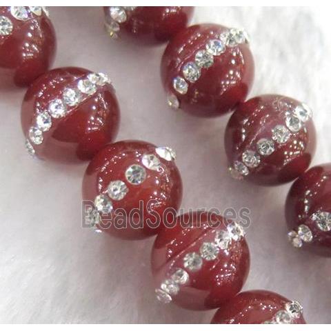 red Agate bead paved rhinestone, round