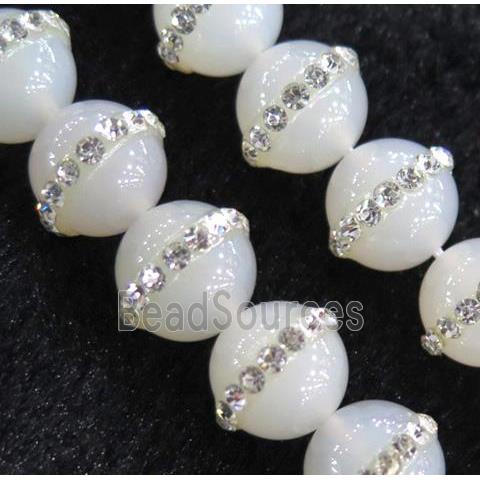 white Agate beads, paved rhinestone, round