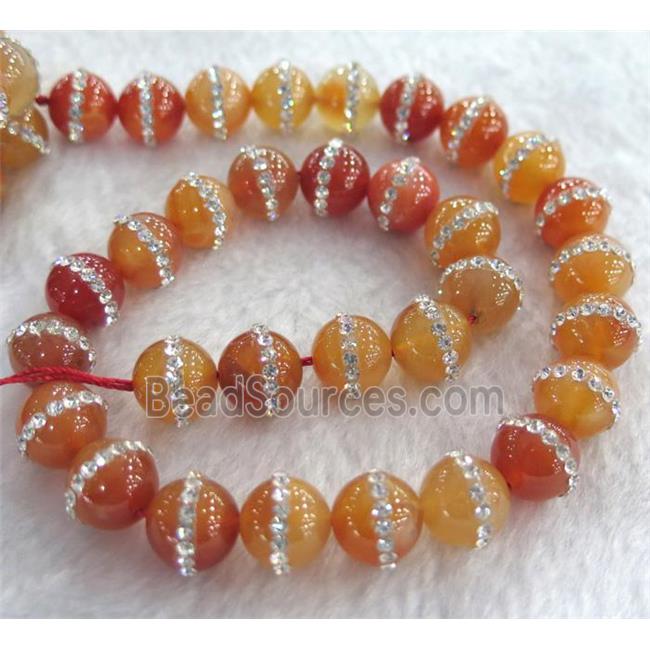 red agate beads with rhinestone, round