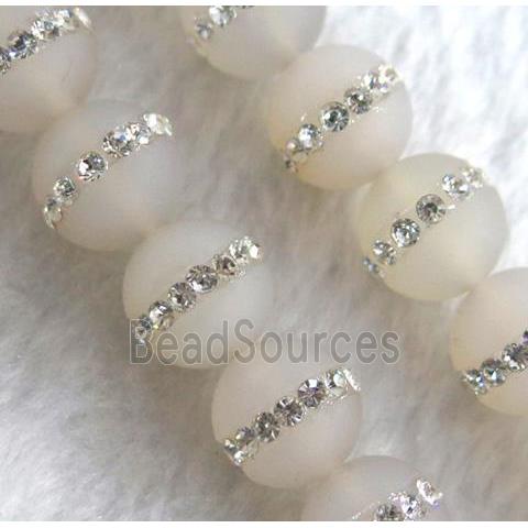 white agate beads with rhinestone, round, matte