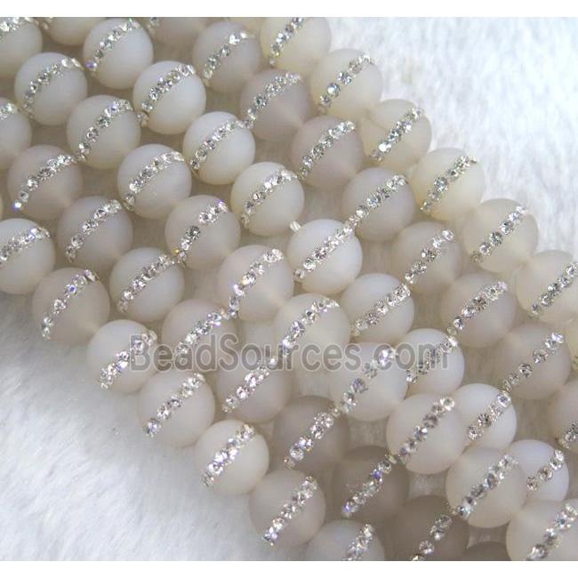 white agate beads with rhinestone, round, matte