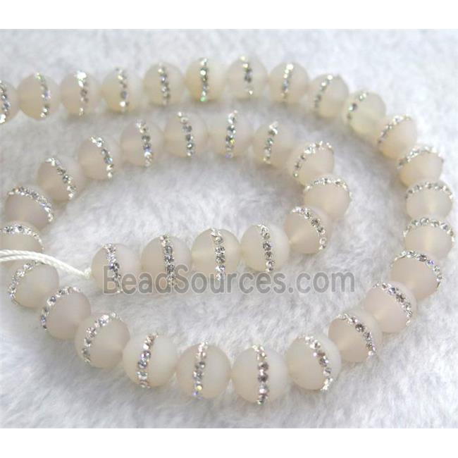 white agate beads with rhinestone, round, matte