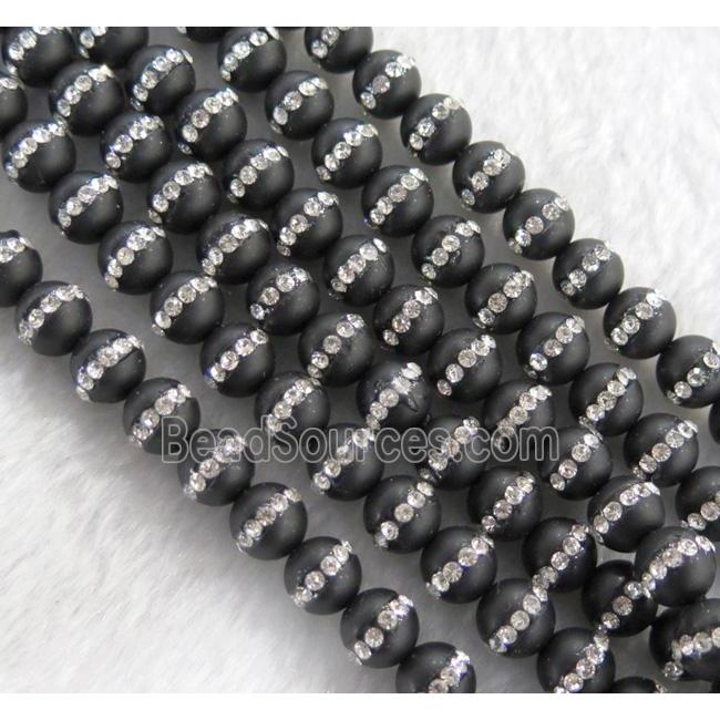 round black agate beads paved rhinestone, matte