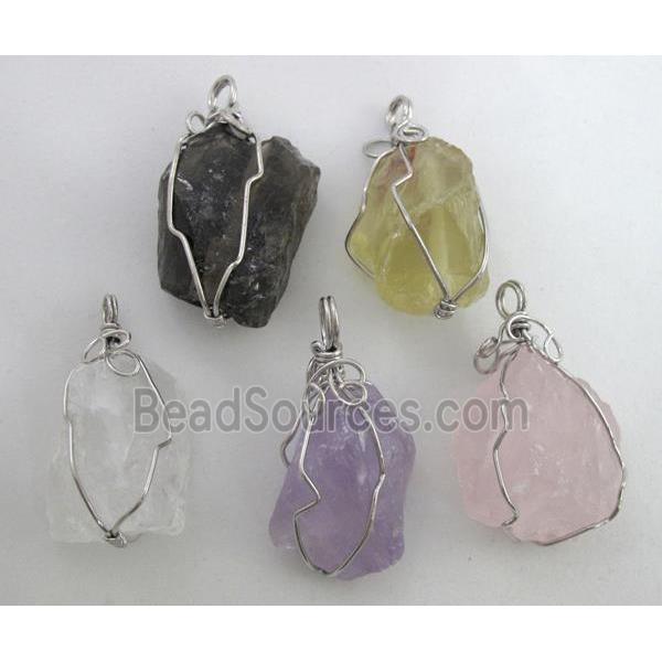 mixed natural Crystal Quartz Pendants, wire wrapped, freeform