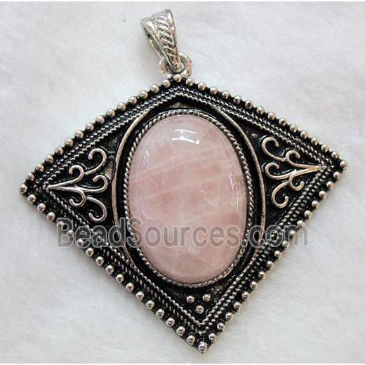 gemstone pendant, rose quartz, bat-shaped, antique silver