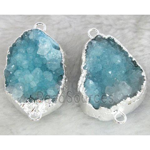 blue druzy quartz connector, freeform, silver plated