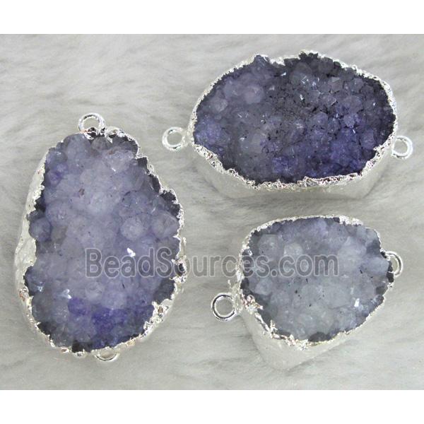 purple druzy quartz connector, freeform, silver plated