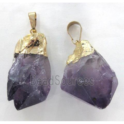 natural healing point amethyst pendant, freeform, gold plated