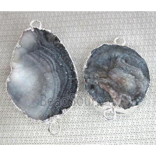 natural agate druzy connector, freeform slice, silver plated