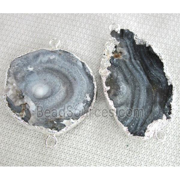 natural agate druzy connector, freeform slice, silver plated