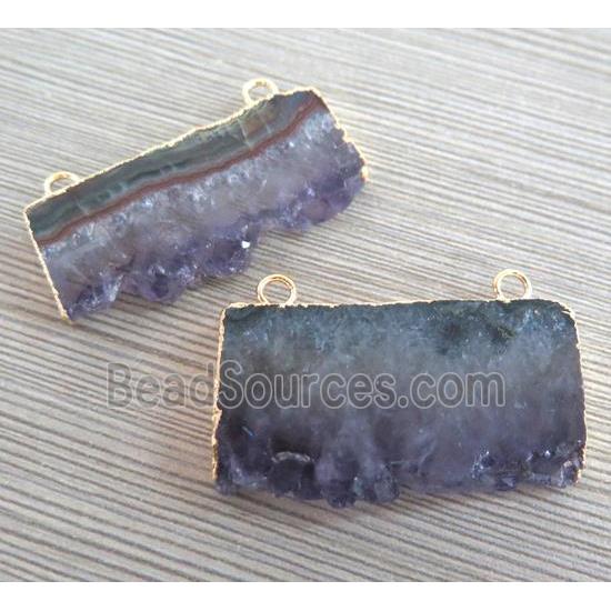 druzy amethyst pendant, freeform slice, gold plated, two-hole