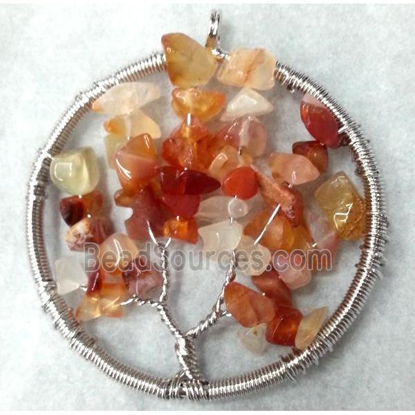 Red Agate Chips Pendant Tree Of Life Wire Wrapped Platinum Plated