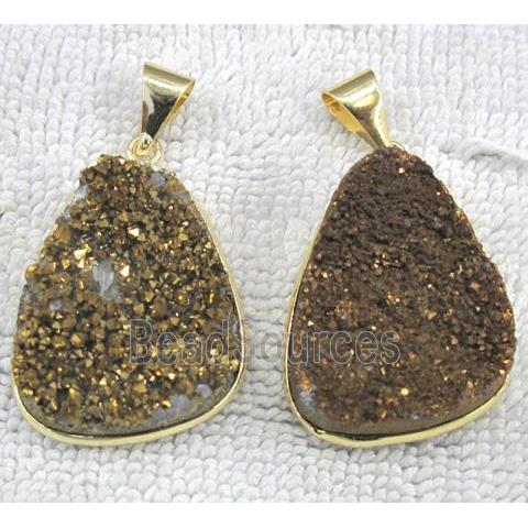 druzy quartz pendant, freeform, gold plated