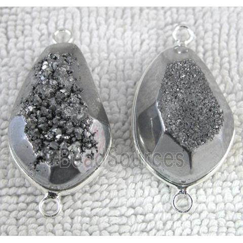 druzy quartz connector, faceted freeform, silver plated