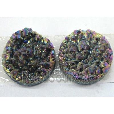 quartz druzy cabochon, flat-round, rainbow plated