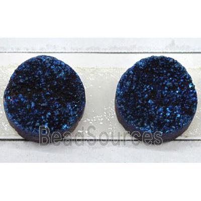 quartz druzy cabochon, flat-round, blue electroplated