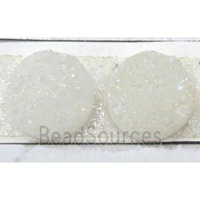 white quartz druzy cabochon, flat-round, AB-color