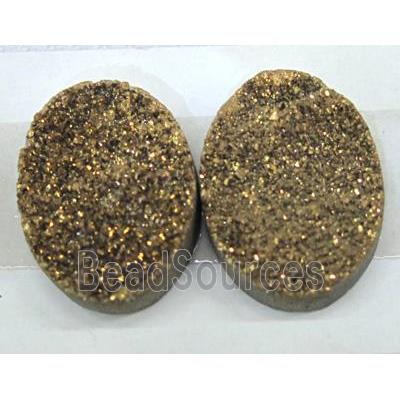 quartz druzy cabochon, oval, gold plated