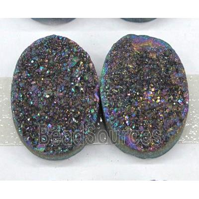 quartz druzy cabochon, oval, rainbow electroplated