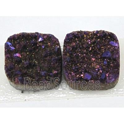 quartz druzy cabochon, square, purple electroplated