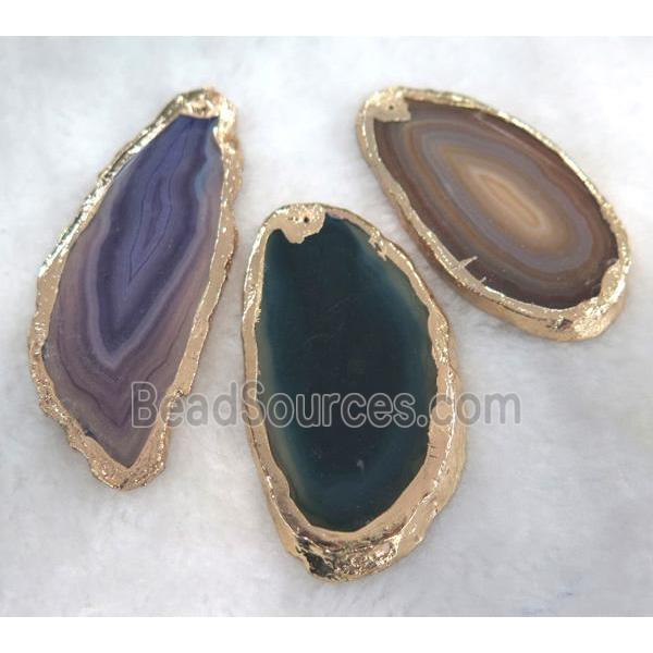 agate slice pendant, freeform, mixed color, gold plated