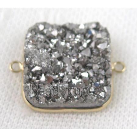 druzy quartz connector, square, silver electroplated