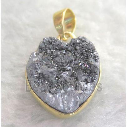 silver druzy quartz pendant, heart