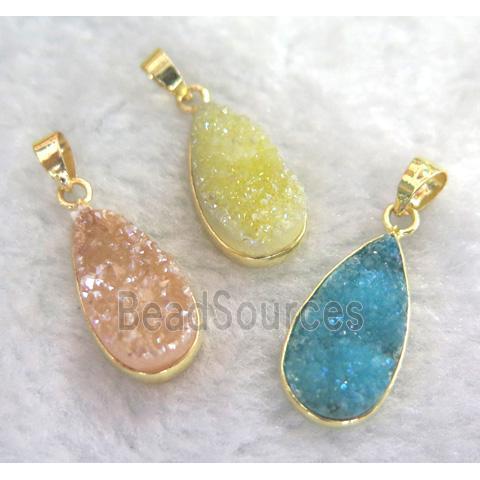 druzy quartz pendant, teardrop, mixed color