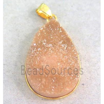 pink druzy quartz pendant, teardrop