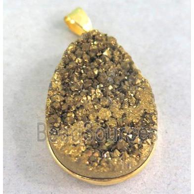 druzy quartz pendant, teardrop, gold electroplated