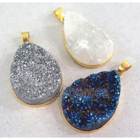 druzy quartz pendant, teardrop, mixed color