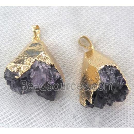 druzy amethyst pendant, teardrop, gold plated