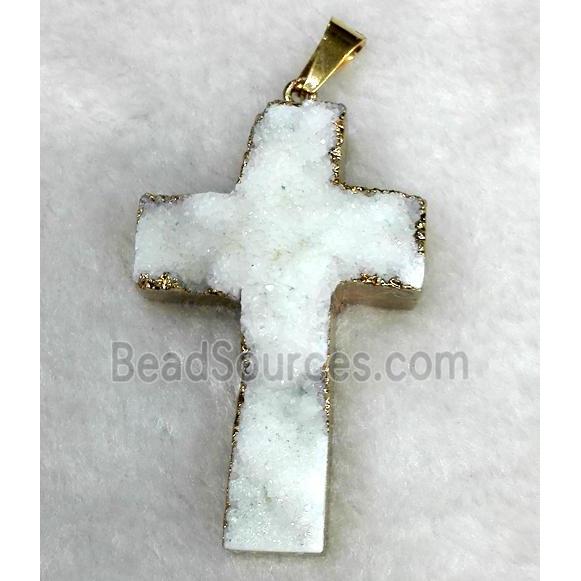 white druzy quartz pendant, cross, gold plated