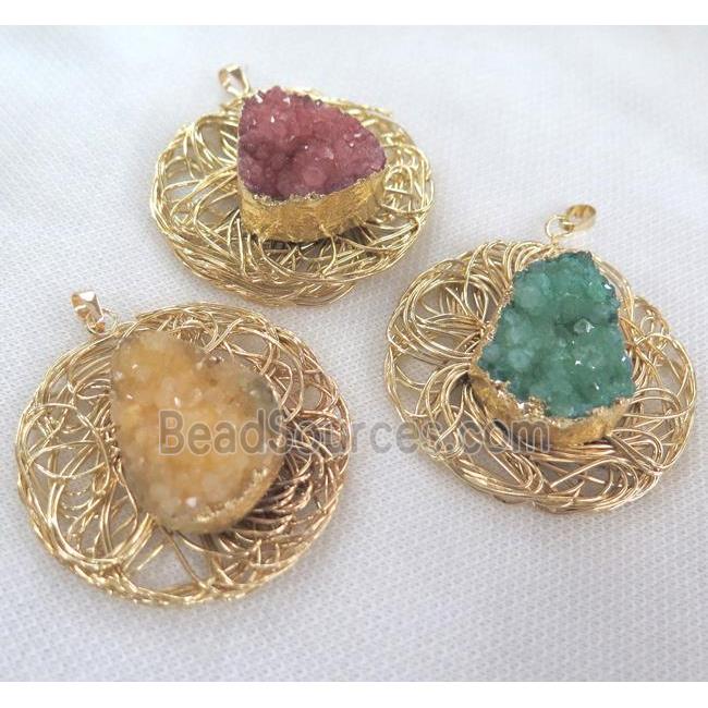 druzy quartz pendant, gold plated, mixed color