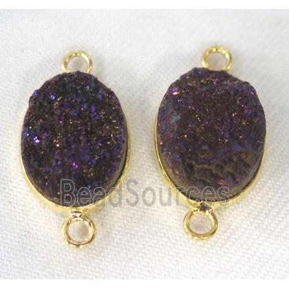 druzy quartz connector, oval, purple electroplated