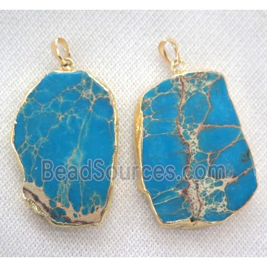 aqua Sea Sediment pendant, freeform slab, gold plated