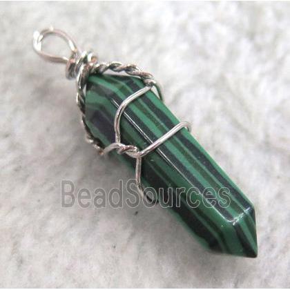 Malachite pendant, bullet, wire wrapped