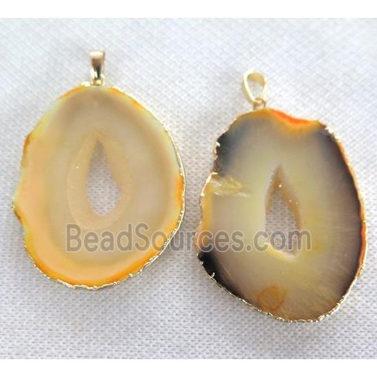 Yellow Agate slice pendant with Druzy, freeform, gold plated