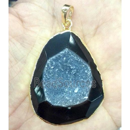 druzy black agate pendant, freeform, faceted