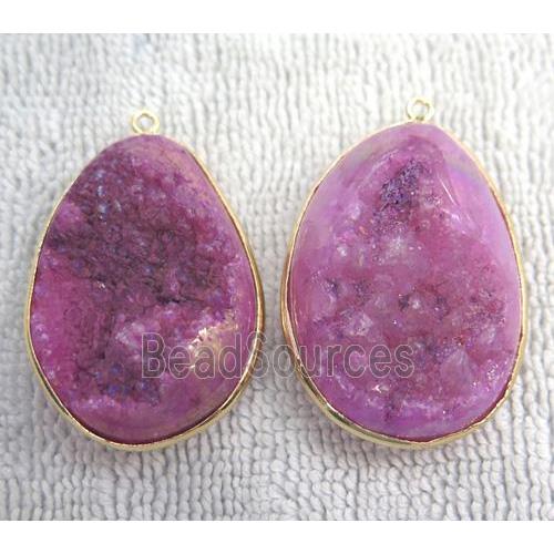 hotpink quartz pendant with druzy, freeform, gold plated