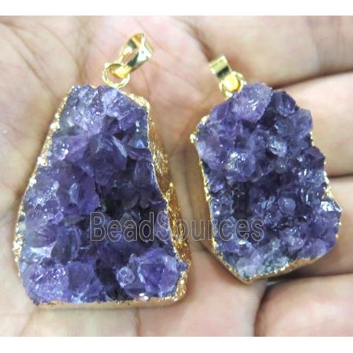 Uruguayan Amethyst Druzy Cluster Pendant, ametist, freeform, gold plated