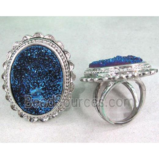 blue electroplated druzy agate ring, oval