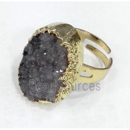 druzy quartz ring, freeform, grey