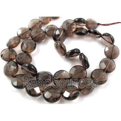 Smoky Quartz beads, faceted flat round