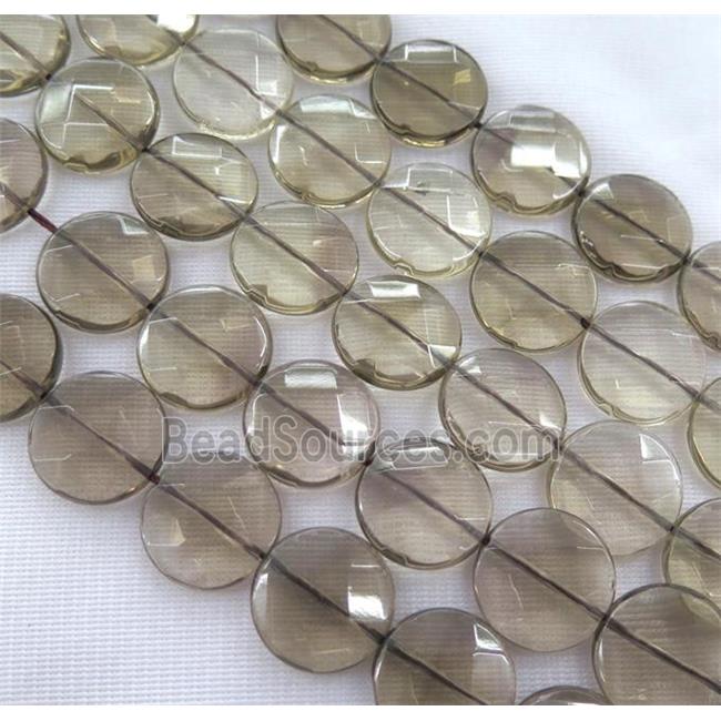 smoky quartz beads, faceted flat-round