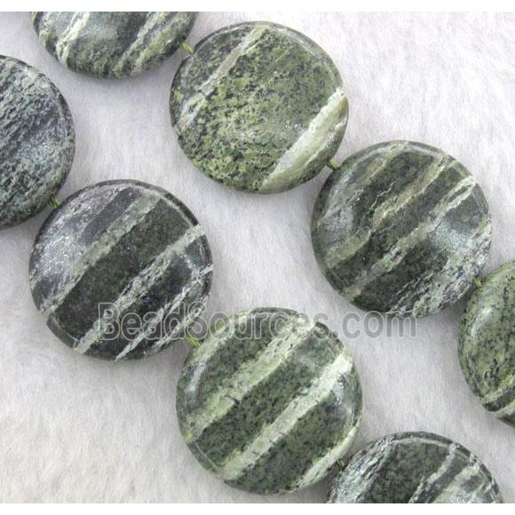 Natural Green Silver-line Jasper Beads, flat-round