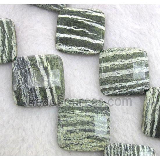 Natural Green Silver-line Jasper Beads, faceted square, corner-drilled