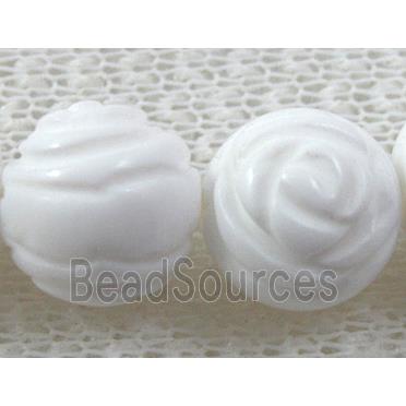 tridacna shell beads, round, carved rose-flower, white