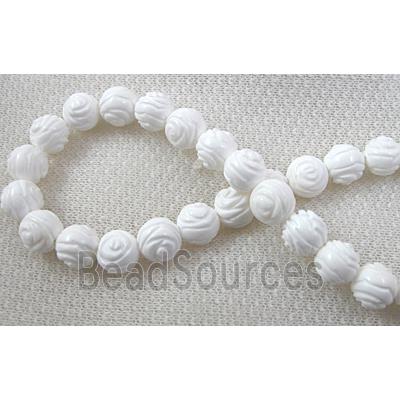 tridacna shell beads, round, carved rose-flower, white