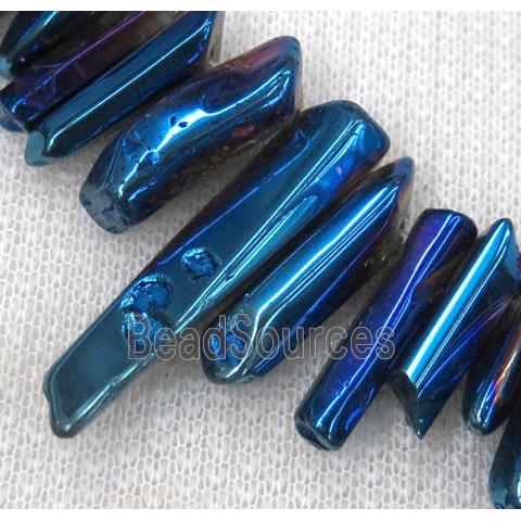 clear quartz bead, stick, freeform, polished, blue electroplated